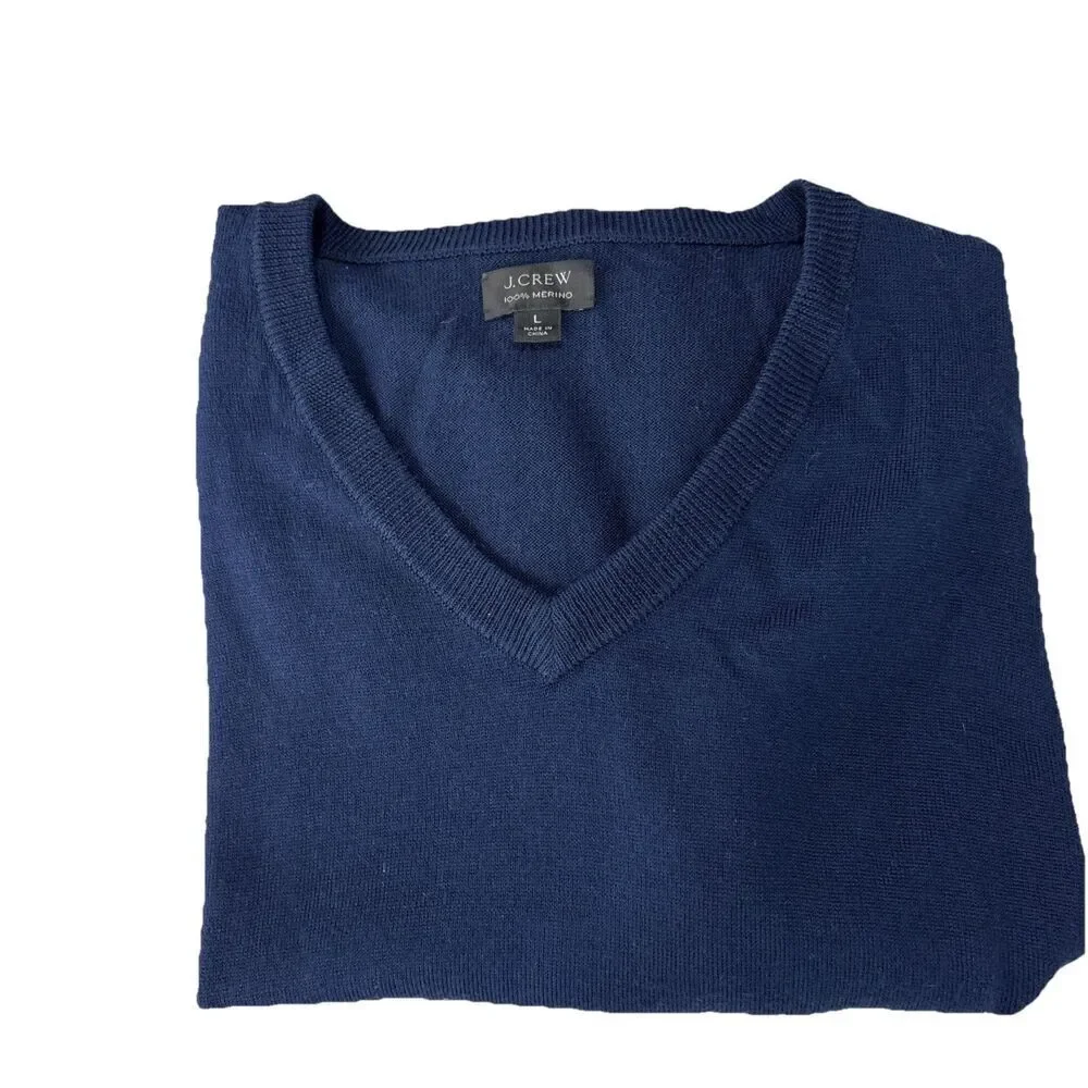 J. Crew Mens Large Merino Wool V-Neck Sweater Navy Blue Pullover Knit Preppy